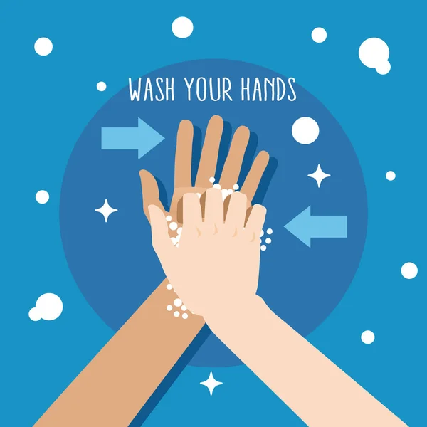 Mãos Limpas Com Espuma Sabão Para Proteção Sobre Fundo Azul —  Vetores de Stock