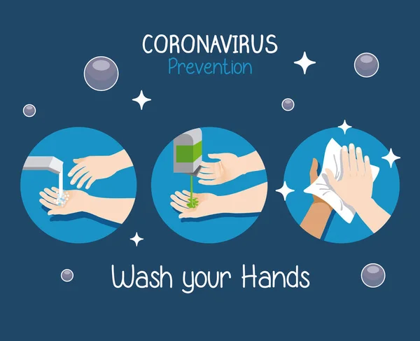 Conjunto Mãos Lavagem Para Prevenção Coronavírus Sobre Fundo Azul Ilustração —  Vetores de Stock