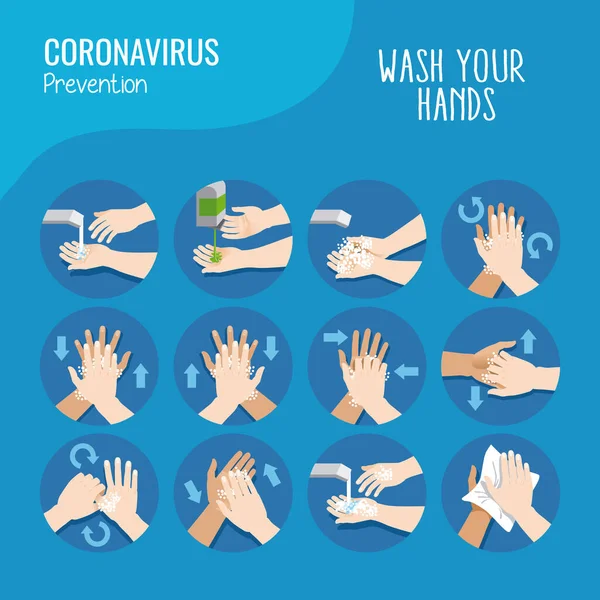 Mavi Arkaplan Üzerinde Coronavirus Önleme Için Yıkama Elleri Vektör Illüstrasyon — Stok Vektör