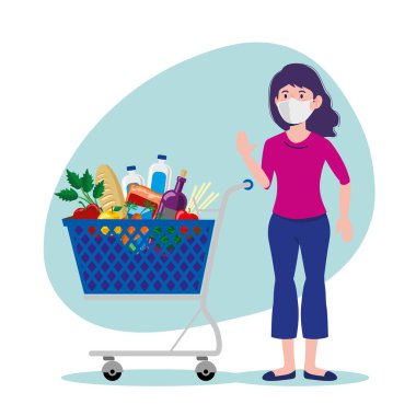 Karantina önleme ve vektör illüstrasyon için maske ve alışveriş arabası malzemeleri taşıyan kadın