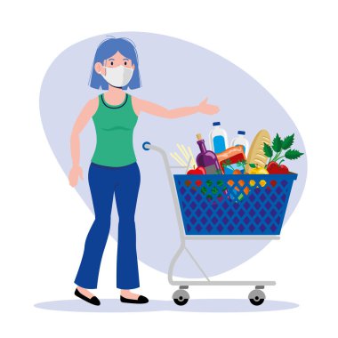 Coronavirus önleme, vektör illüstrasyon için maske ve alışveriş karantina malzemeleri