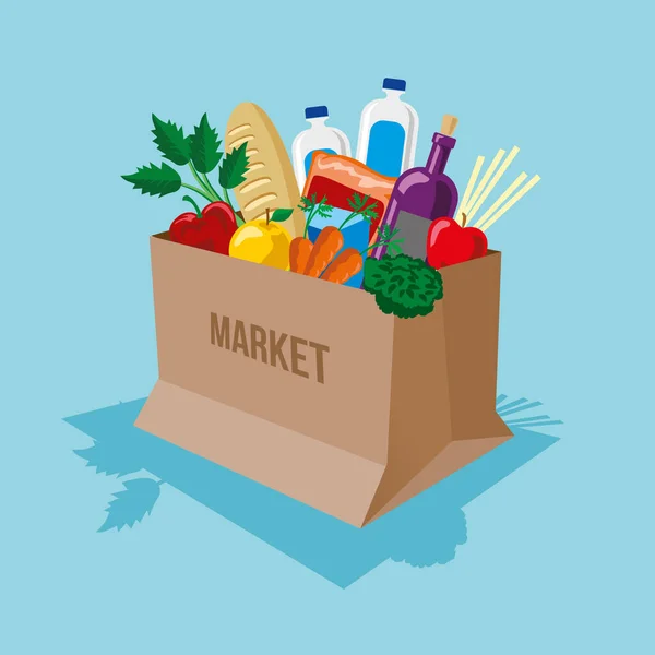 青い背景の上に野菜や果物の供給と袋を出荷ベクトルイラスト — ストックベクタ