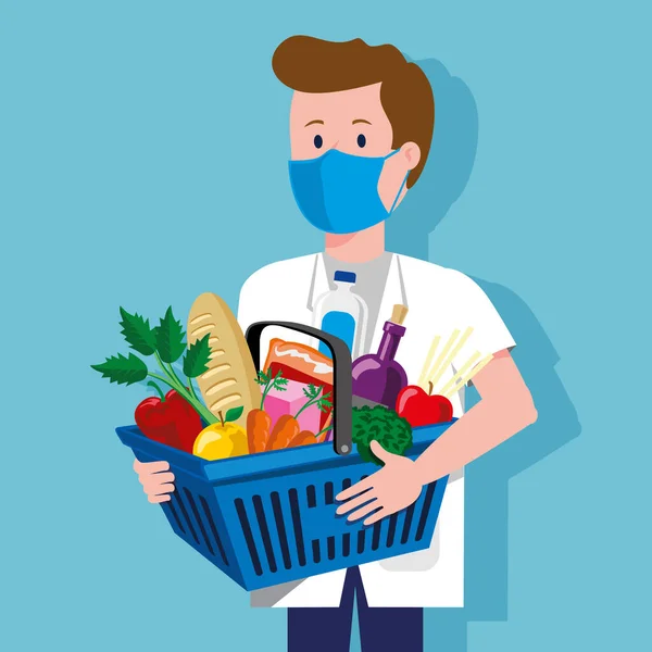 青い背景にマスクと食料品の買い物をする男ベクトルイラスト — ストックベクタ