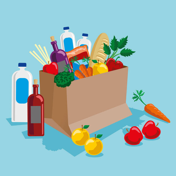 shopping bag with food quarantine supplies over blue background, vector illustration