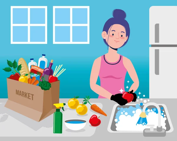 コロナウイルス予防のための女性のきれいなショッピング食品ベクトル図 — ストックベクタ