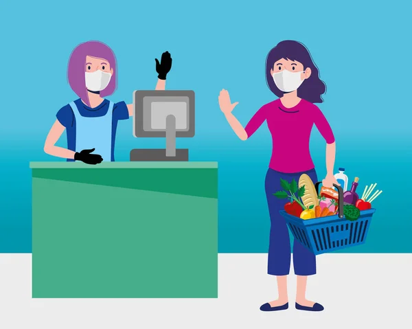 Kassiererin Und Frau Kaufen Lebensmittel Zum Quarantäneschutz Ein Vektor Illustration — Stockvektor