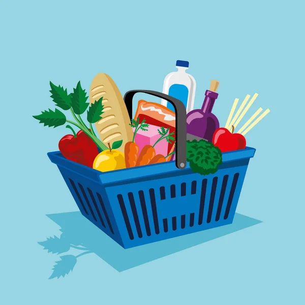 青い背景の上に野菜や果物の供給と買い物かご ベクトルイラスト ストックベクター