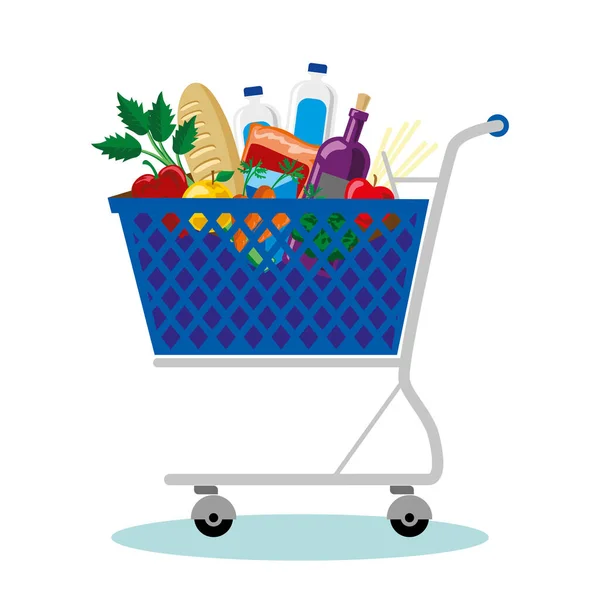 コロナウイルスの検疫に野菜や果物の供給とショッピングカート ベクトル図 — ストックベクタ