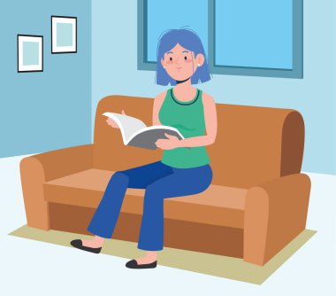 Kadın kitap okuyor ve Coronavirus koruması, vektör illüstrasyonu için evde kalıyor.