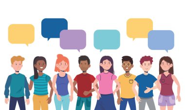 Sohbet baloncuklu kızlar ve oğlanlar iletişim vektörü illüstrasyonuna mesajlar