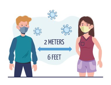 Maskeli kız ve oğlan Coronavirus 'la temas kurmuyorlar.
