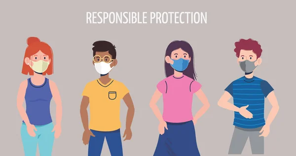 Jungen Und Mädchen Mit Masken Und Distanzschutz Gegen Coronavirus Vektorillustration — Stockvektor
