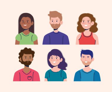 Bir grup çekici erkek ve kızlar günlük kıyafetler, vektör illüstrasyonu.