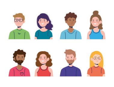 Gündelik kıyafetleri ve vektör çizimleri olan bir grup iyi kız ve erkek avatar.