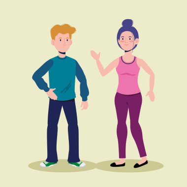 Hoş çocuk ve kız günlük kıyafetlerle, vektör illüstrasyonuyla konuşuyor.