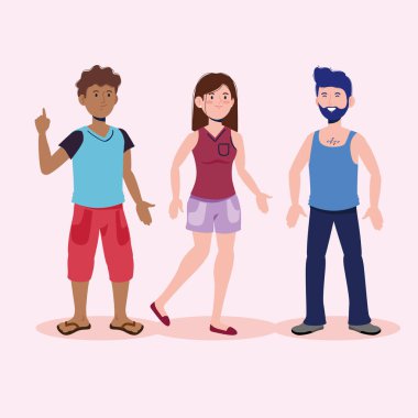 Hoş erkek ve kız günlük kıyafetlerle, vektör illüstrasyonuyla konuşuyor.