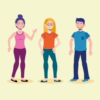 Çekici erkek ve kızlar günlük kıyafetlerle, vektör illüstrasyonuyla konuşuyor.