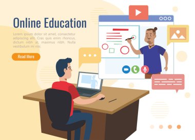 Dizüstü bilgisayarı ve online eğitim teknolojisi olan öğrenci, vektör illüstrasyonu