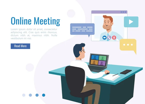 Affärsman Med Video Konferens Företag Möte Teknik Vektor Illustration — Stock vektor