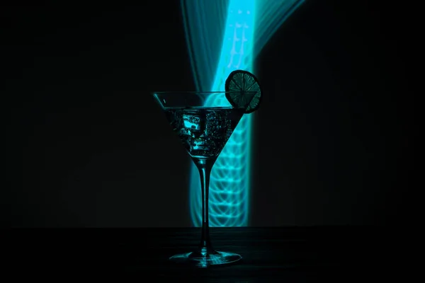 Glass Martini Ice Olives Neon Light — 스톡 사진