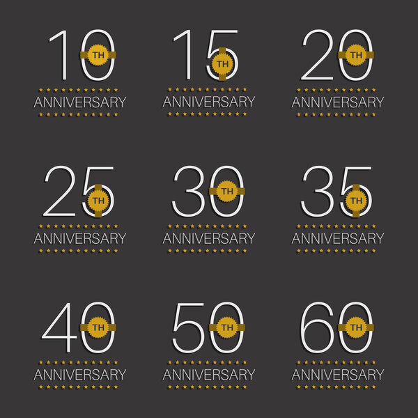 Векторный набор юбилейных знаков, символов. Пять, десять, пятнадцать, двадцать, тридцать, сорок, пятьдесят, шестьдесят лет коллекция элементов дизайна
.