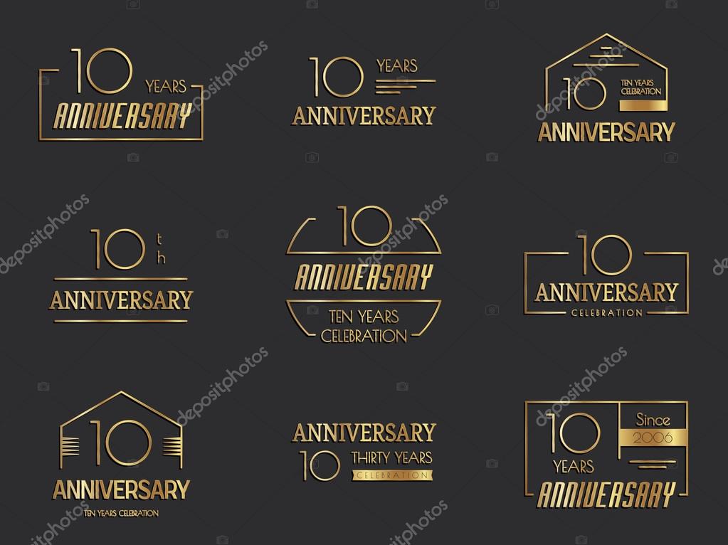Ten years anniversary celebration logotype. 10th anniversary logo collection. Vector illustration.