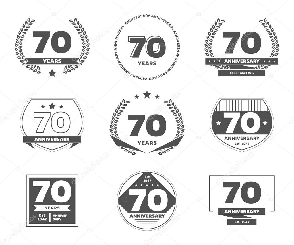 Seventy years anniversary celebration logotype. 70th anniversary logo collection.