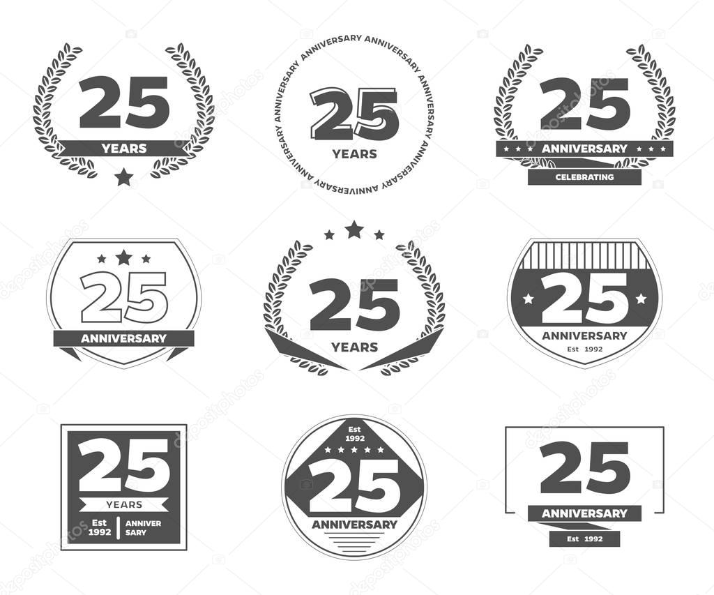 Twenty five years anniversary celebration logotype. 25th anniversary logo collection.