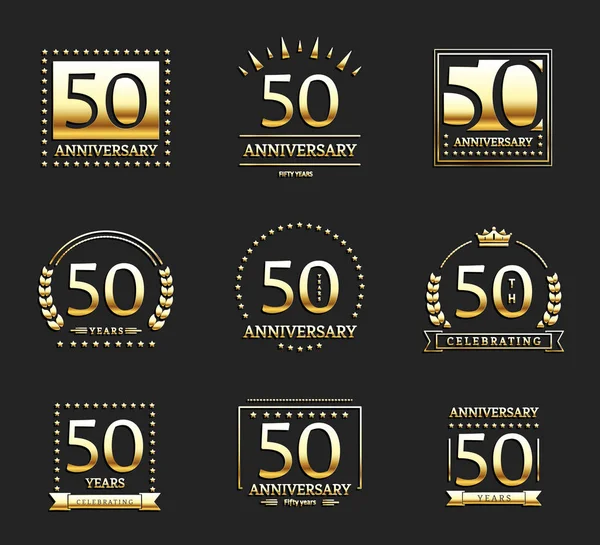 50e verjaardag gouden logo set. — Stockvector