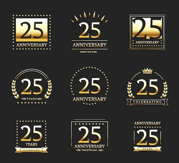 25th anniversary gouden logo set. — Stockvector