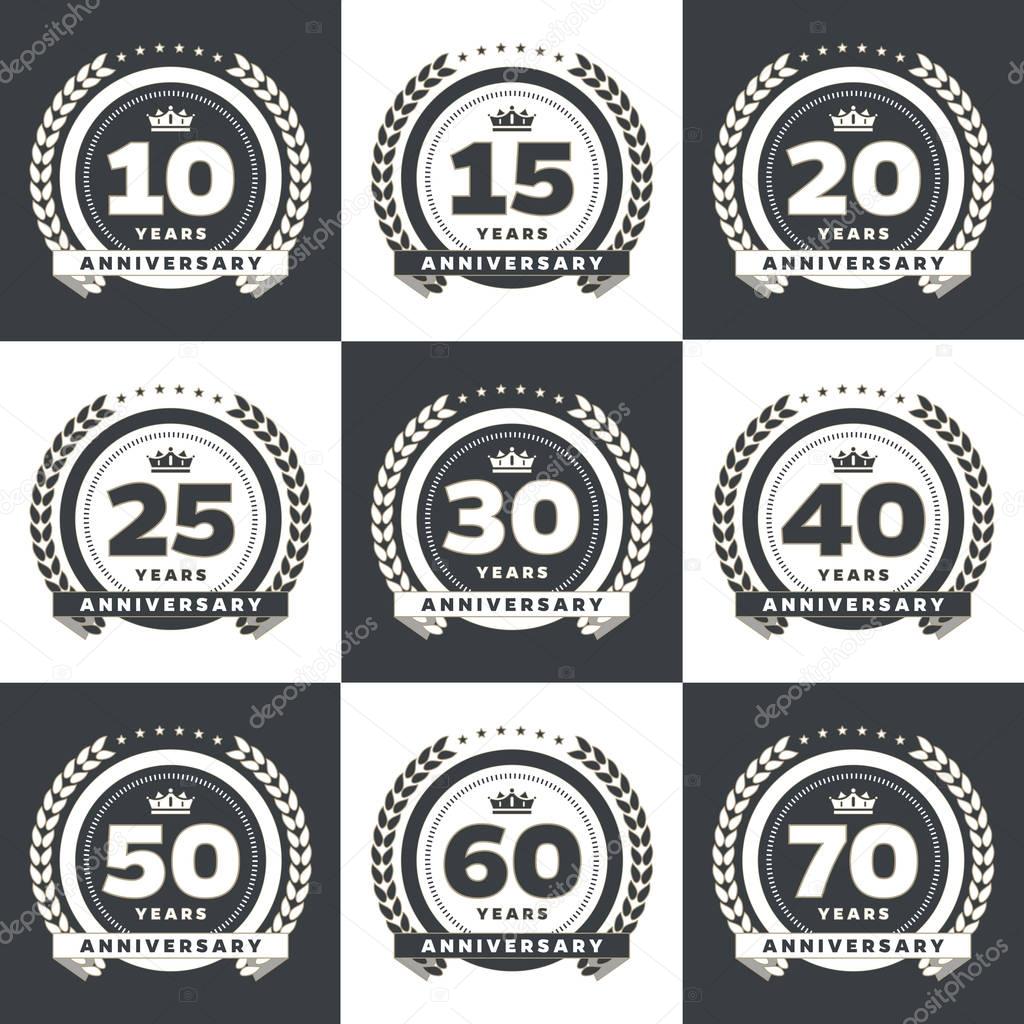 Vector set of anniversary symbols. 10th, 15th, 20th, 25th, 30th, 40th, 50th, 60th, 70th anniversary logo's collection.