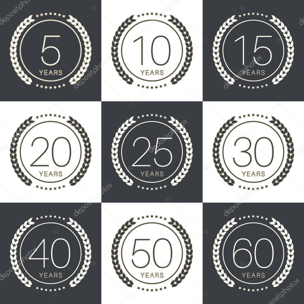 Anniversary logo's collection with laurels. Vector illustration.