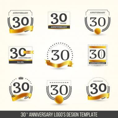 30th yıldönümü logosu altın öğelerle ayarla. Vektör çizim.