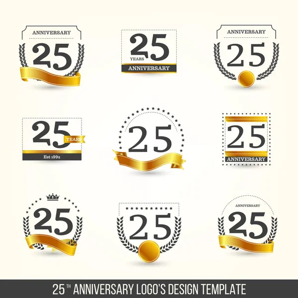 Logo du 25e anniversaire serti d'éléments dorés. Illustration vectorielle . — Image vectorielle