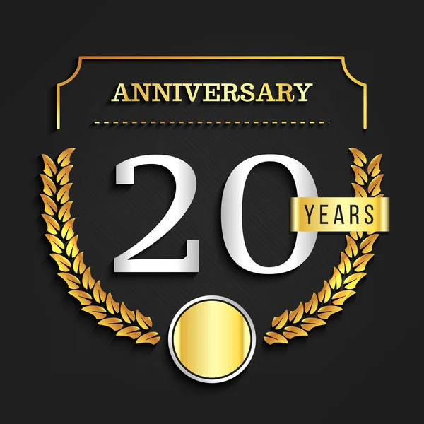 Logo del 20º aniversario con elementos dorados. Ilustración vectorial . — Vector de stock