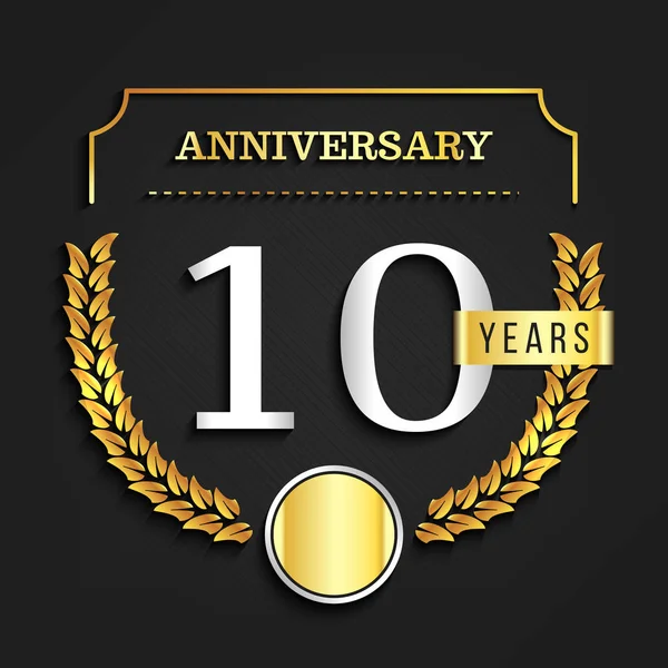 10th anniversary logo med gyllene element. Vektorillustration. — Stock vektor