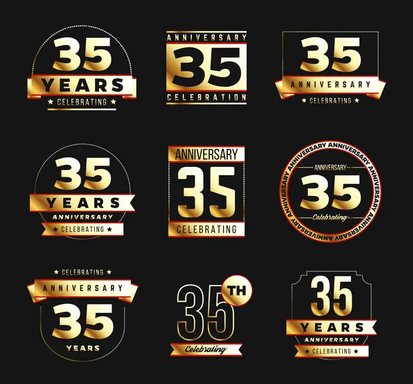 Logotipo del 35 aniversario con elementos dorados. Ilustración vectorial . — Vector de stock