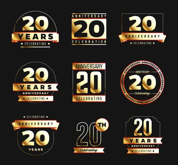 Logotipo de 20 anos definido com elementos dourados. Ilustração vetorial . — Vetor de Stock