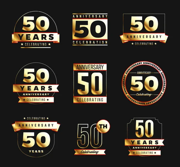 Logotipo de 50 anos definido com elementos dourados. Ilustração vetorial . —  Vetores de Stock