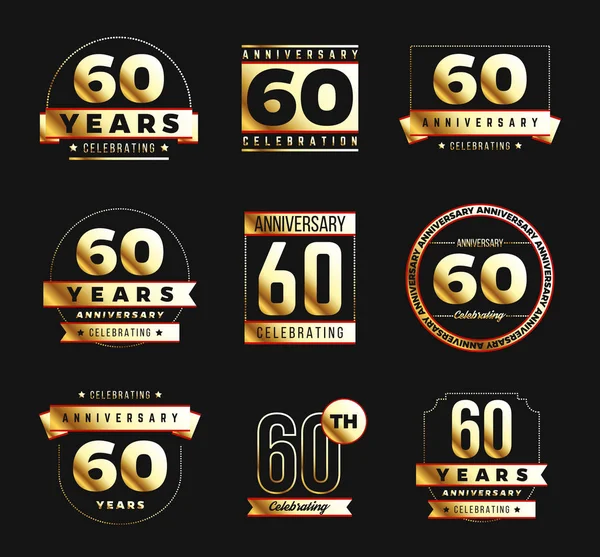 60th anniversary logo set with golden elements. Vector illustration. — Stock Vector