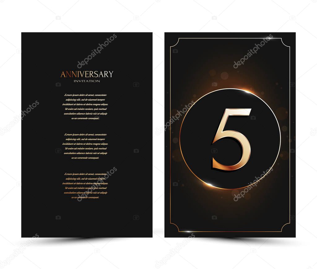 5 years anniversary decorated greeting / invitation card template with gold elements.