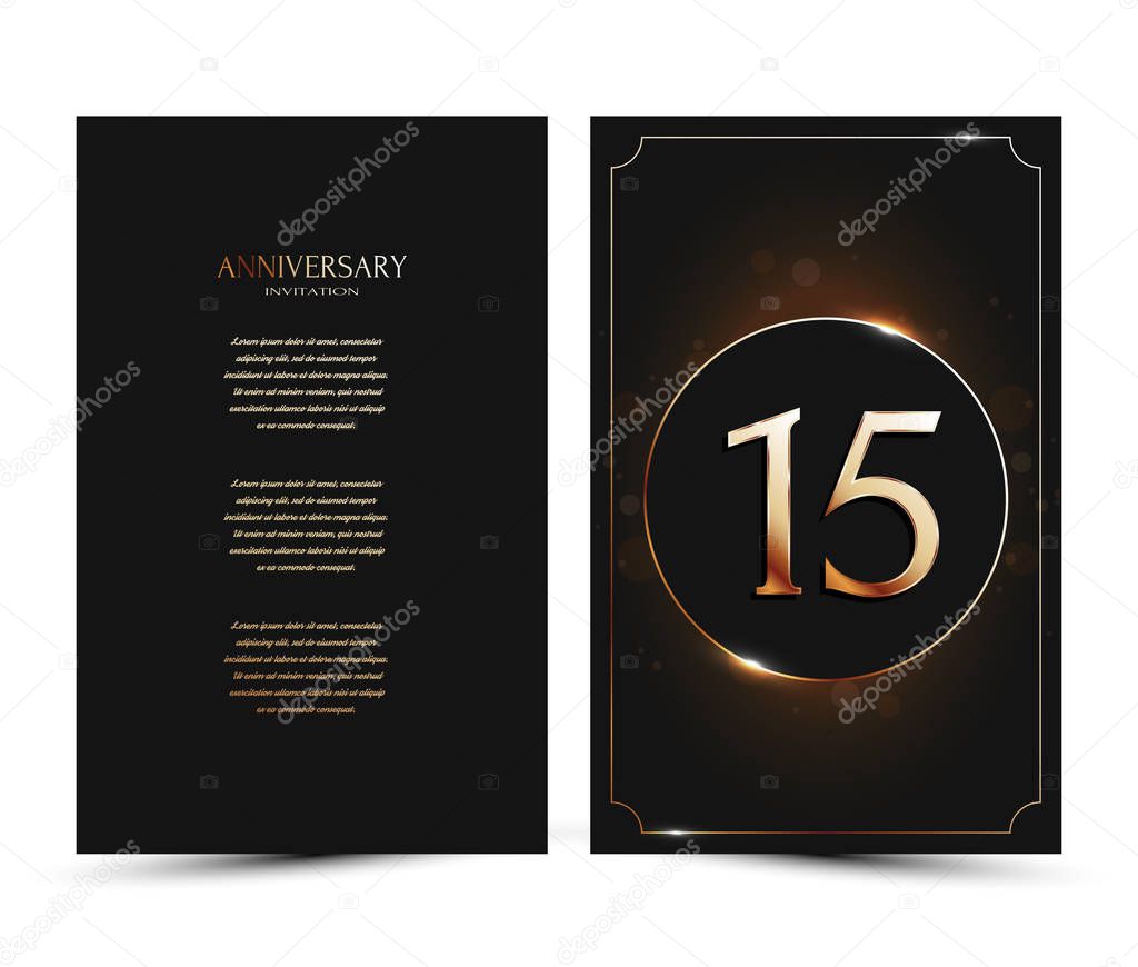 15 years anniversary decorated greeting / invitation card template with gold elements.