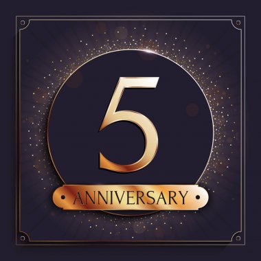 5 yıl yıldönümü altın afiş koyu arka plan üzerinde. Vektör çizim.