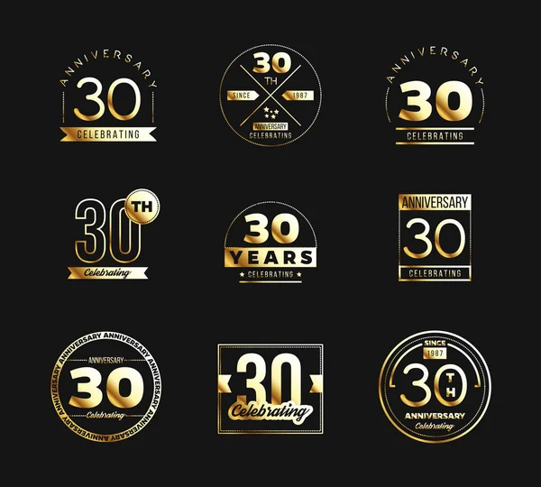 30th anniversary logo set with golden elements. Vector illustration. — Stock Vector