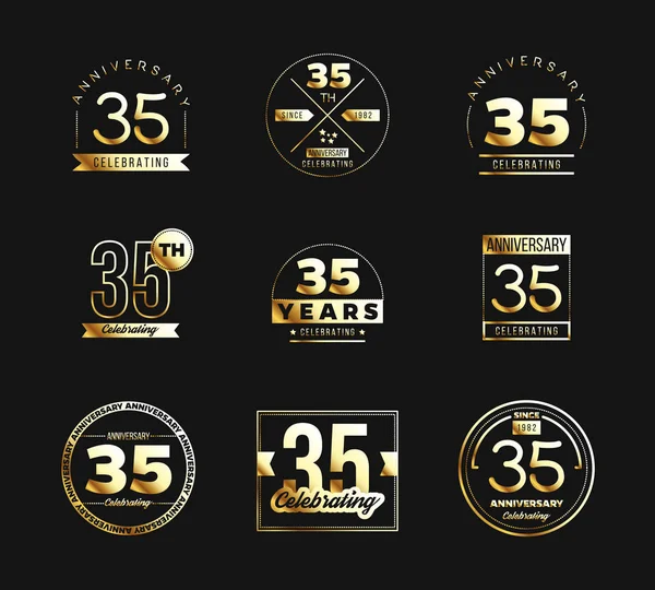 Logo du 35e anniversaire serti d'éléments dorés. Illustration vectorielle . — Image vectorielle