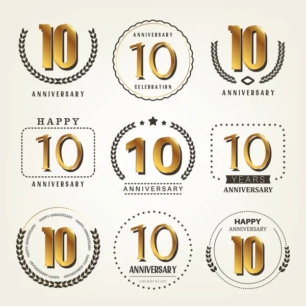 Set logo anniversario 10 anni. Illustrazione vettoriale . — Vettoriale Stock