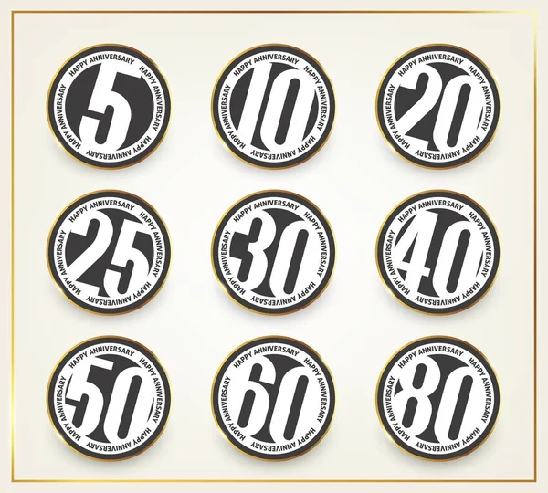 向量集的快乐周年纪念标志。第五、第十、第二十、第二十五、第三十、第四十、第五十、第六十、第八十周年纪念 logo 收藏. — 图库矢量图片