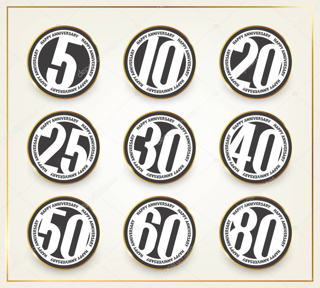 Vector set of happy anniversary emblems. 5th, 10th, 20th, 25th, 30th, 40th, 50th, 60th, 80th anniversary logo's collection.