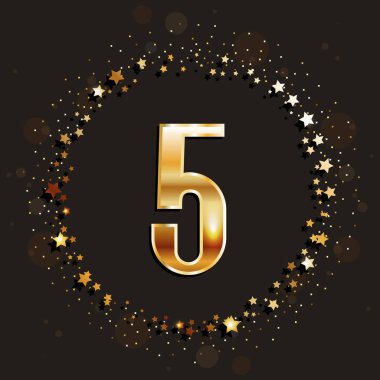 5 yıl yıldönümü altın afiş koyu arka plan üzerinde. Vektör çizim.