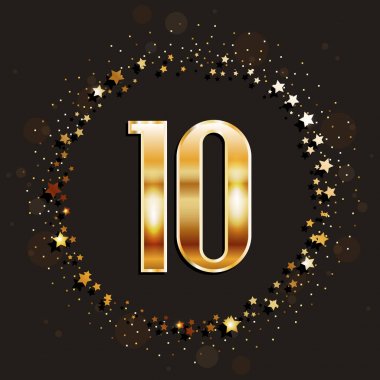 10 yıl yıldönümü altın afiş koyu arka plan üzerinde. Vektör çizim.